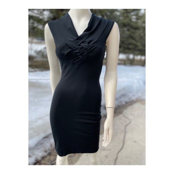 90s Lagenes Black Bodycon Wiggle Dress Sz 14 Crisscross Sleeveless Party Bandage - Picture 3 of 12